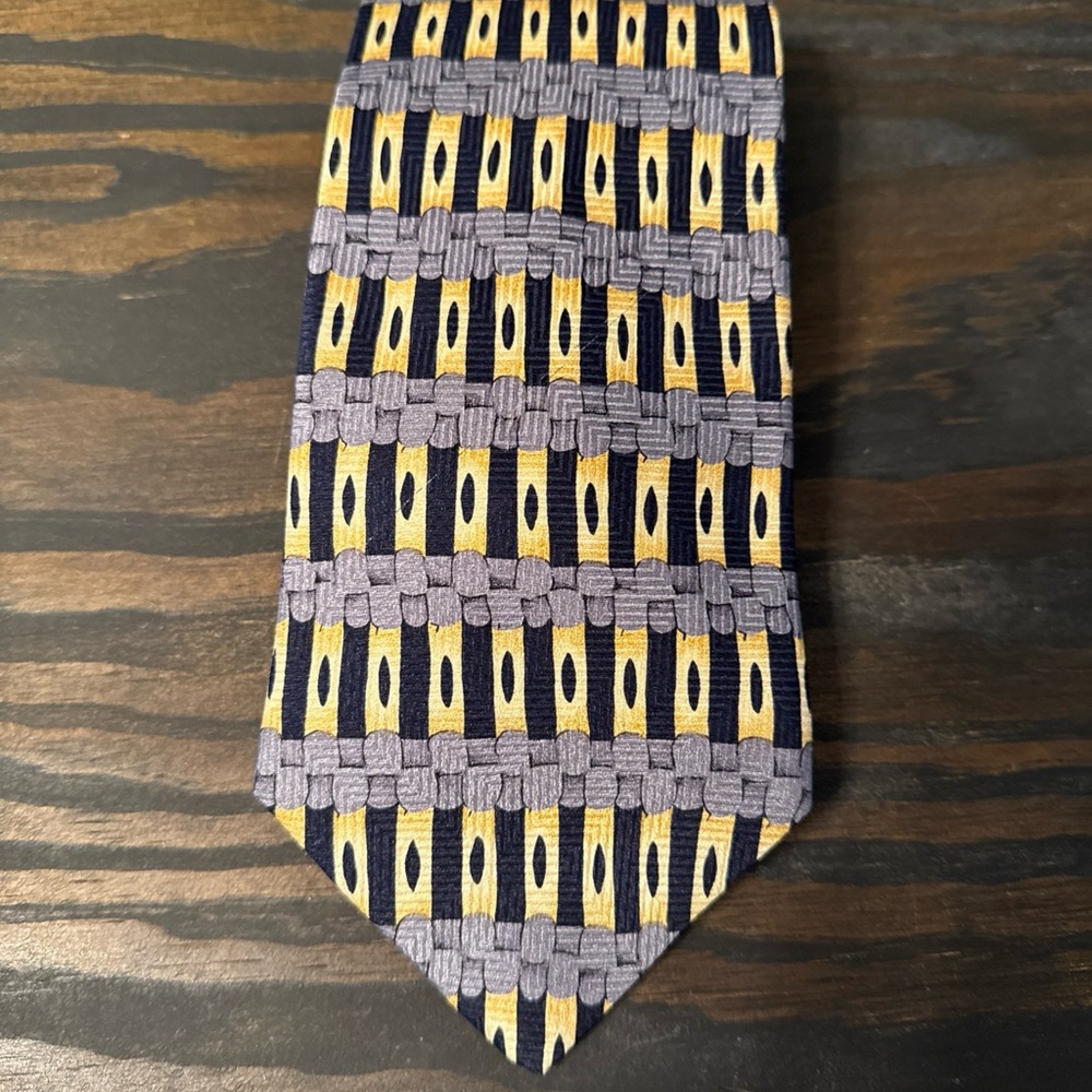 Rafael 🇮🇹 100% Silk Tie 60” Long Gold Black Gray Geometric Design Made in Italy